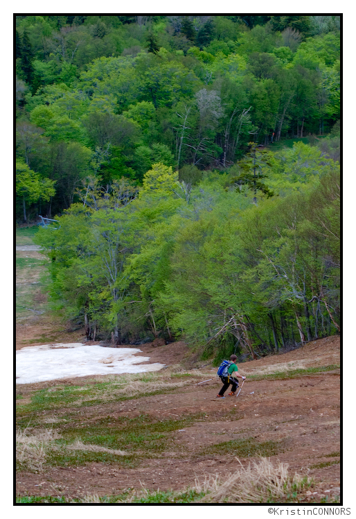 Stone-and-grass ski halfway down